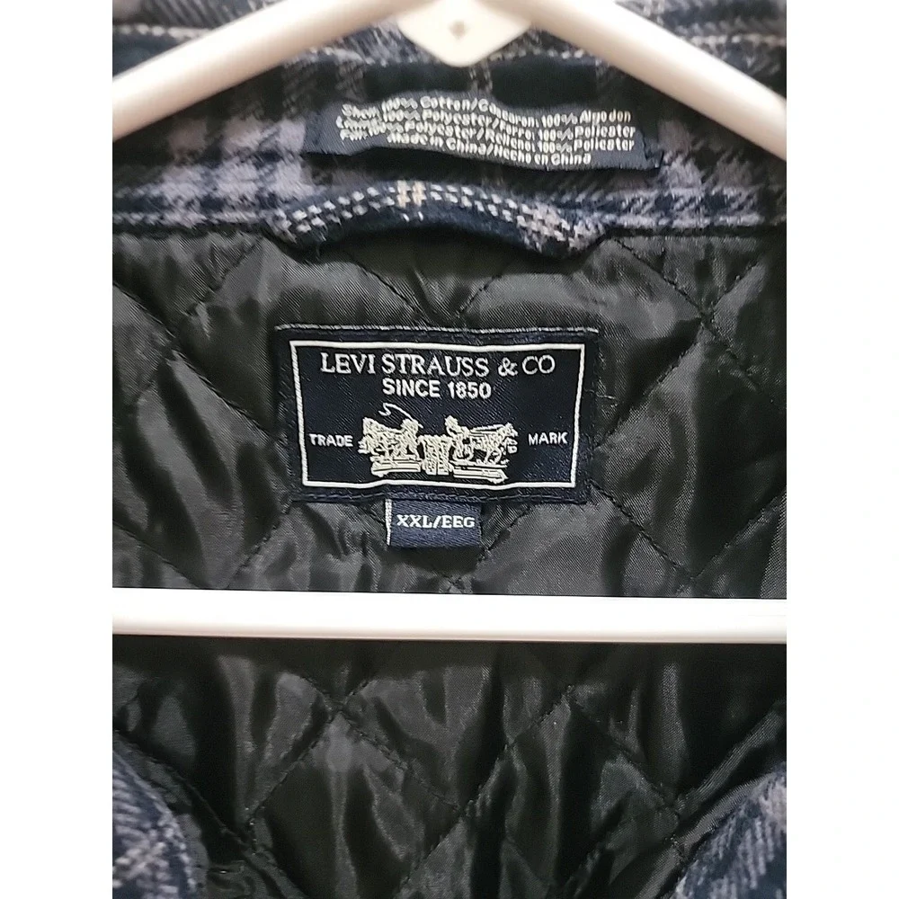 Levi Strauss & Co Men Flannel Shirt Jacket XXL Blue Plaid Quilt Lining Shacket